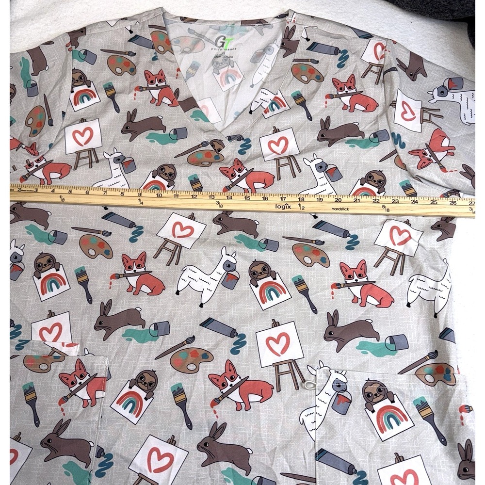 GT Performance Scrub Top Women 2X Gray Artist Animals Paint V Neck Nurse - Picture 3 of 9